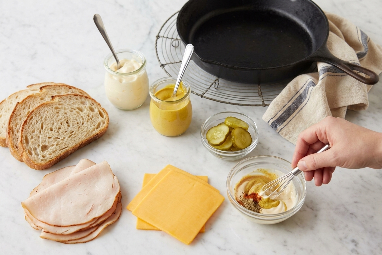Sliced sourdough, cheddar, deli turkey, mayonnaise, mustard, pickles, and a small bowl of sauce ingredients arranged on a clean kitchen counter in natural light