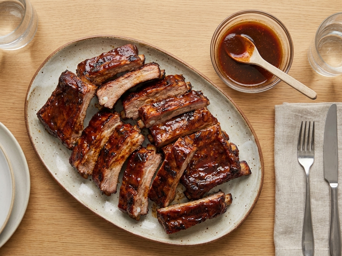 Sliced spare ribs arranged on a serving platter with a small bowl of extra barbecue sauce and a simple dinner table setting