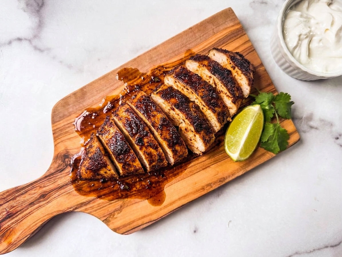 Sliced spiced chicken on a cutting board with juices resting and a lime wedge nearby