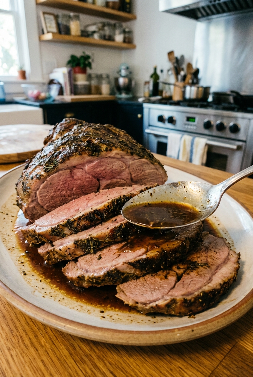 Sliced spiced leg of lamb arranged on a platter with a spoonful of pan juices