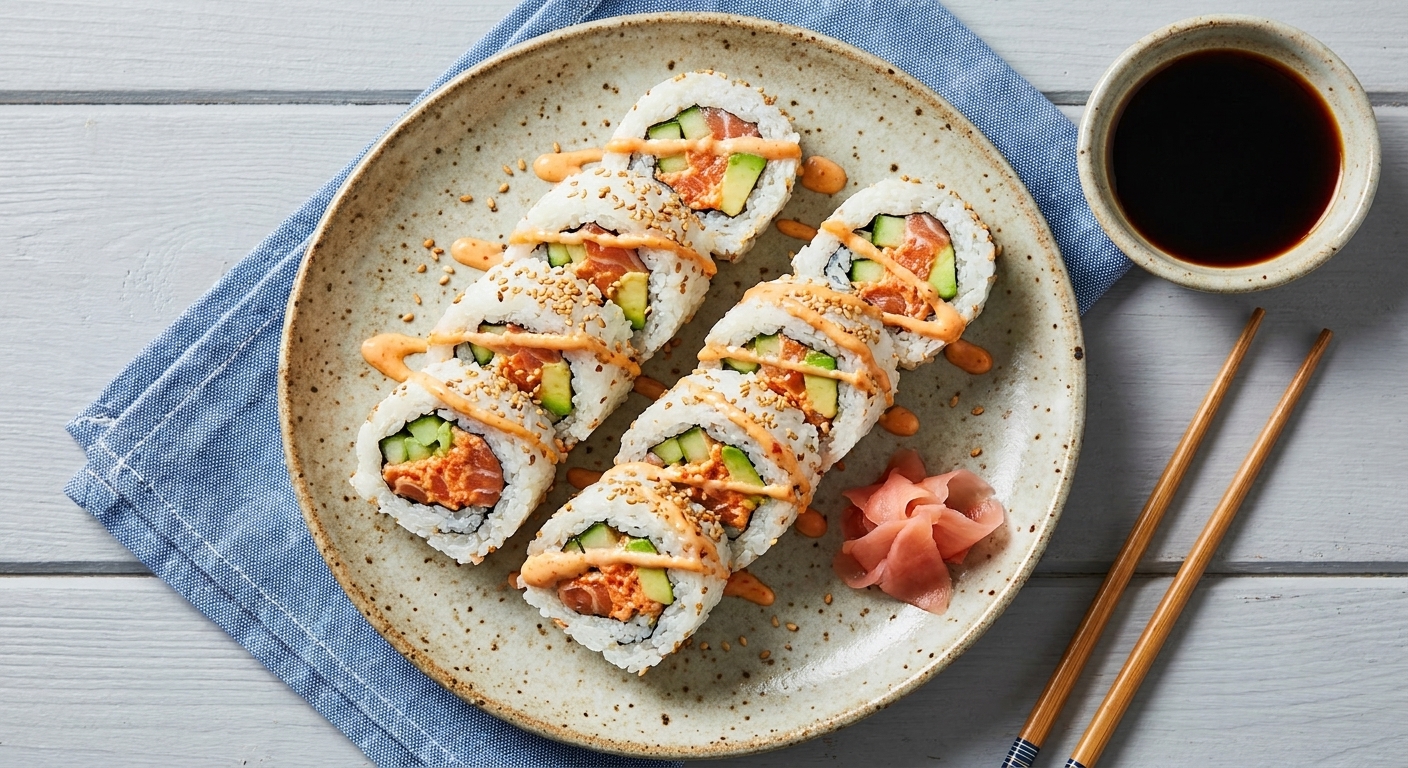 Sliced spicy salmon sushi rolls arranged on a ceramic plate with pickled ginger, a small dish of soy sauce, and chopsticks on a wooden table