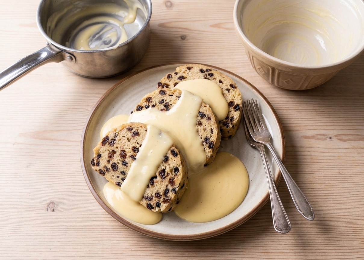 Sliced spotted dick pudding on a serving plate with vanilla custard poured over the slices, set on a simple table setting with forks