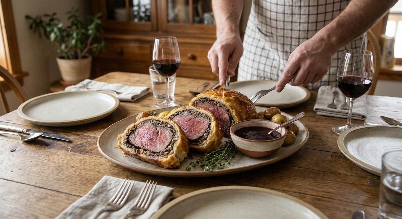 Sliced steak Wellington arranged on a serving platter with a small bowl of sauce, set on a dinner table with simple place settings