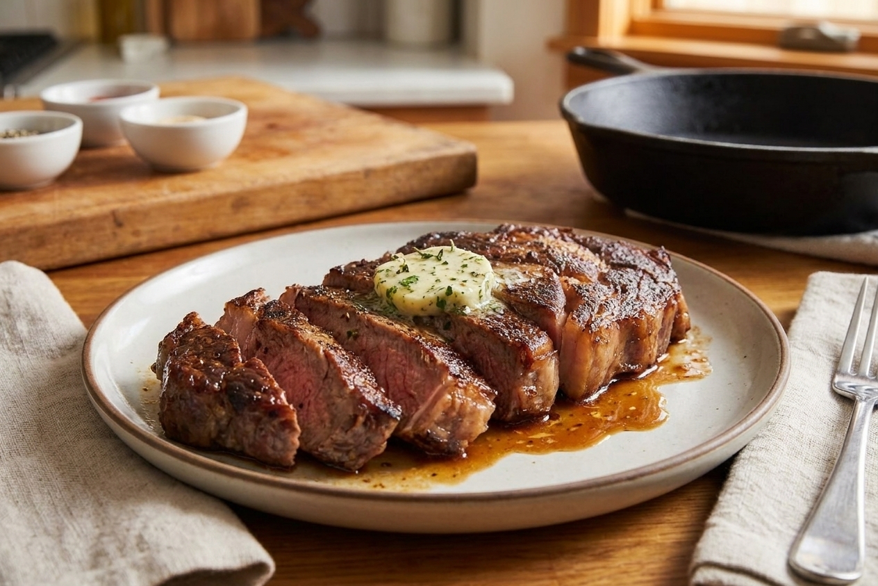 Sliced steak arranged on a plate with juices pooled slightly and a small spoonful of herb butter on top