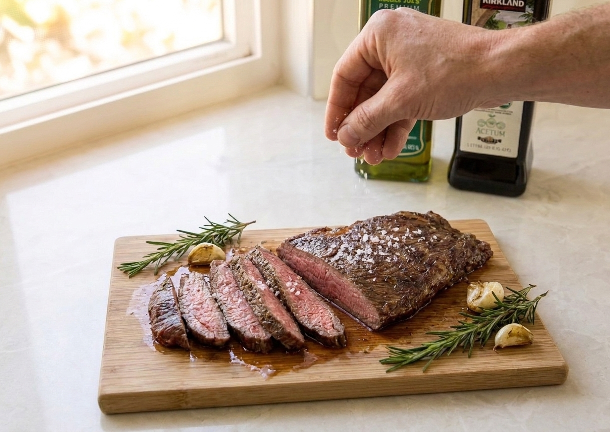 Sliced steak fanned on a cutting board with juices and a sprinkle of flaky salt