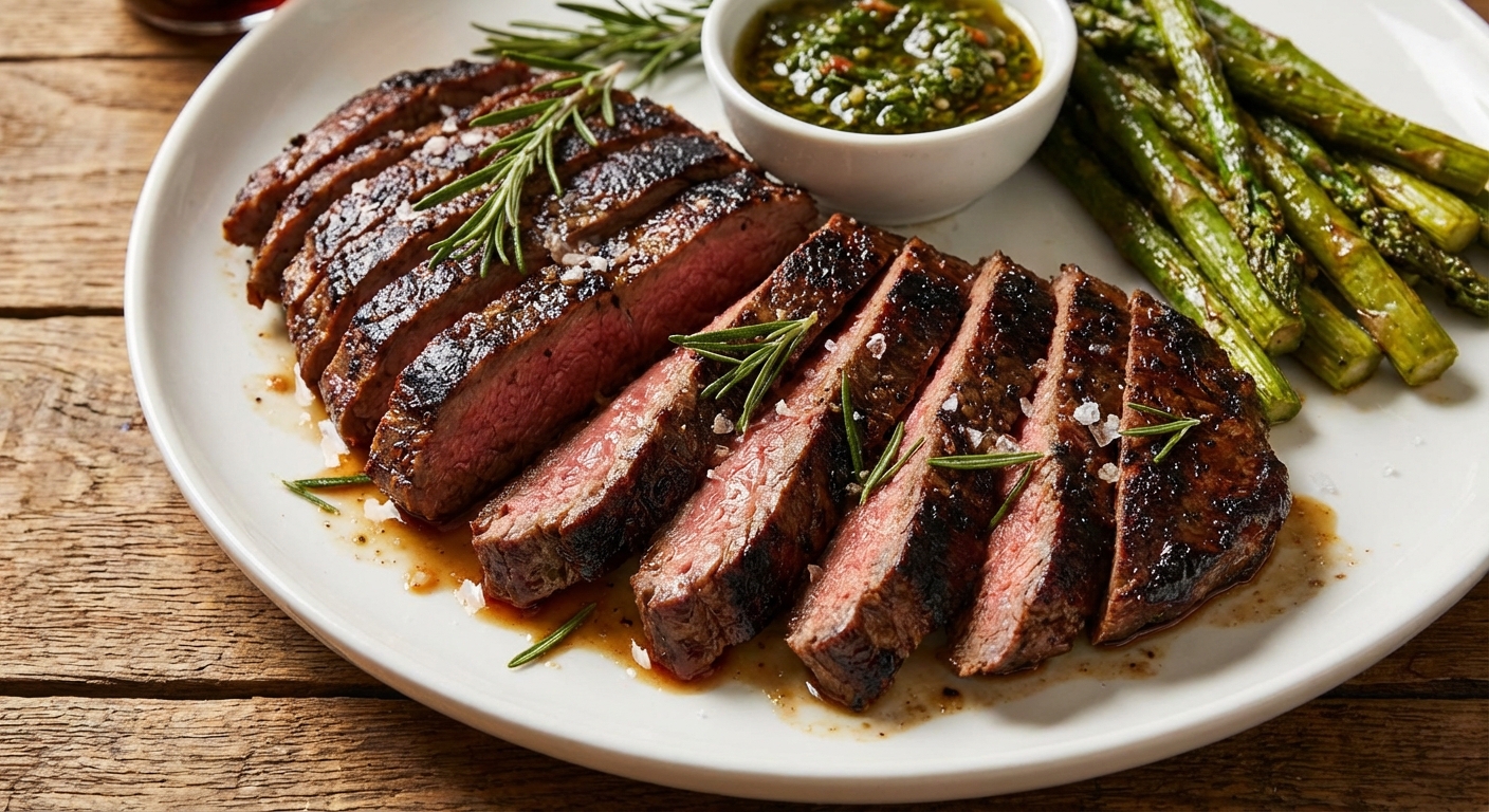 Sliced steak fanned on a plate with charred edges and a glossy sheen, ready to serve