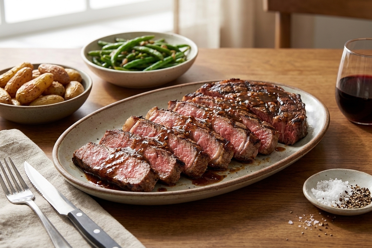 Sliced steak fanned on a serving platter with a glossy pan sauce drizzled over the top on a simple dinner table setting