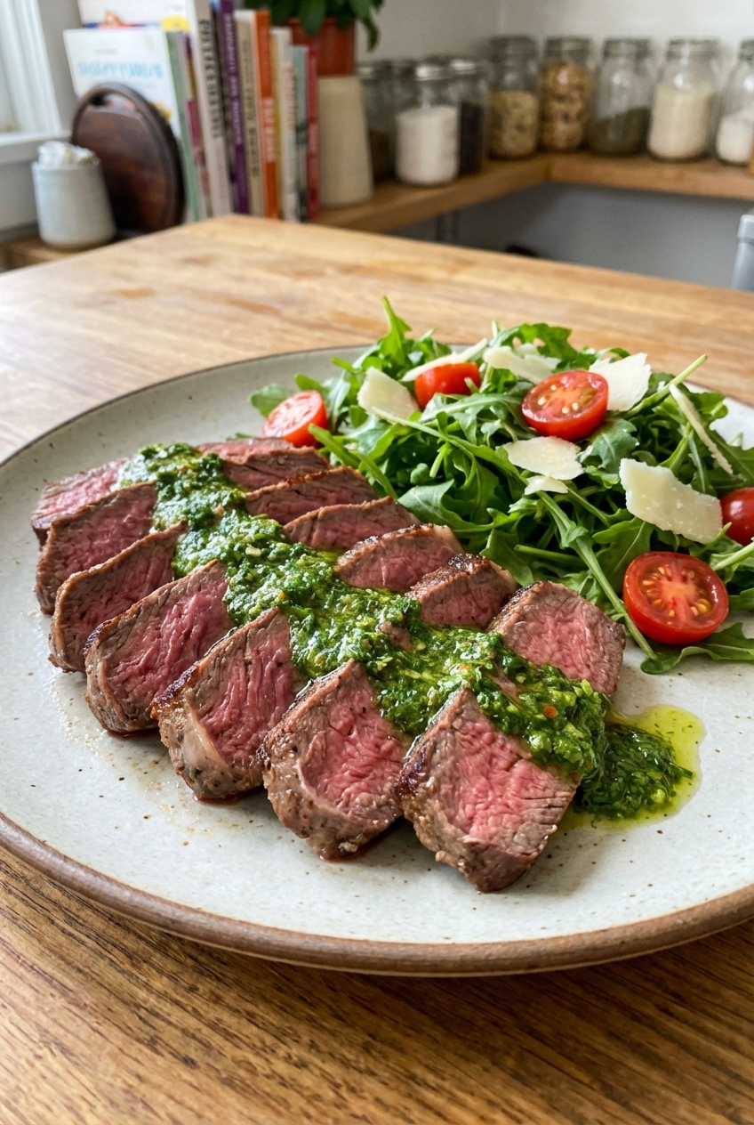 Sliced steak fanned out on a plate with citrus herb sauce spooned over the top and a side of arugula salad