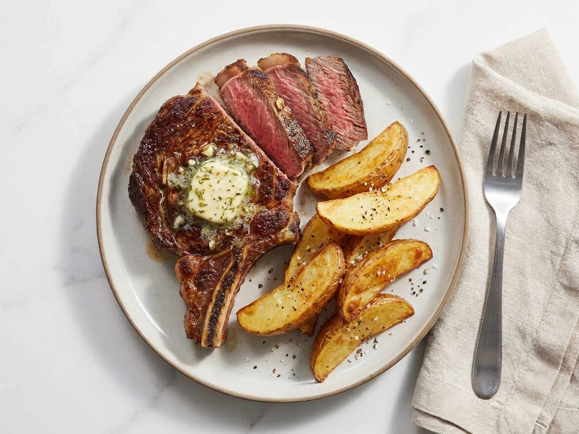 Sliced steak loin fanned on a plate with rosemary garlic butter, roasted potatoes, and a simple table setting with a fork and linen napkin