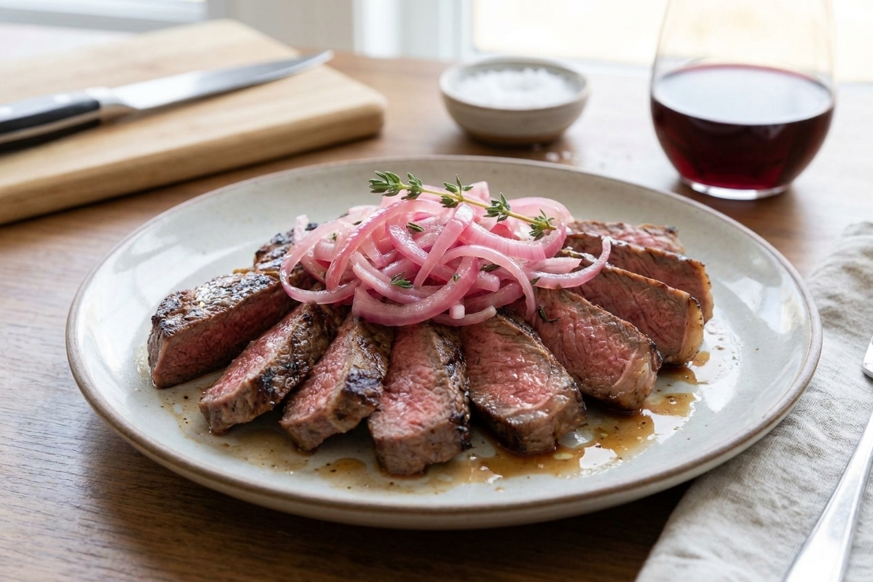 Sliced steak on a plate topped with a small mound of quick pickled shallots, simple weeknight dinner setting