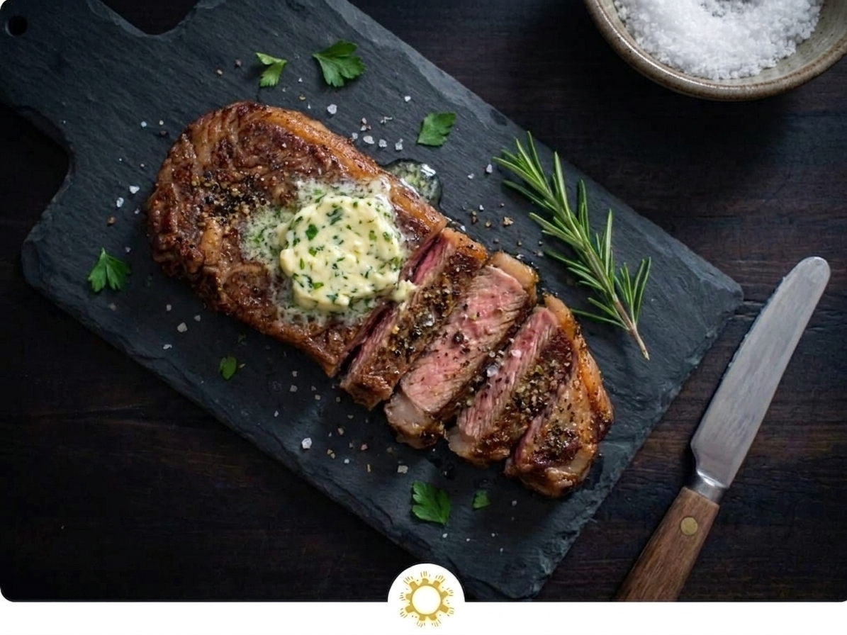 Sliced steak on a plate with melting garlic herb butter
