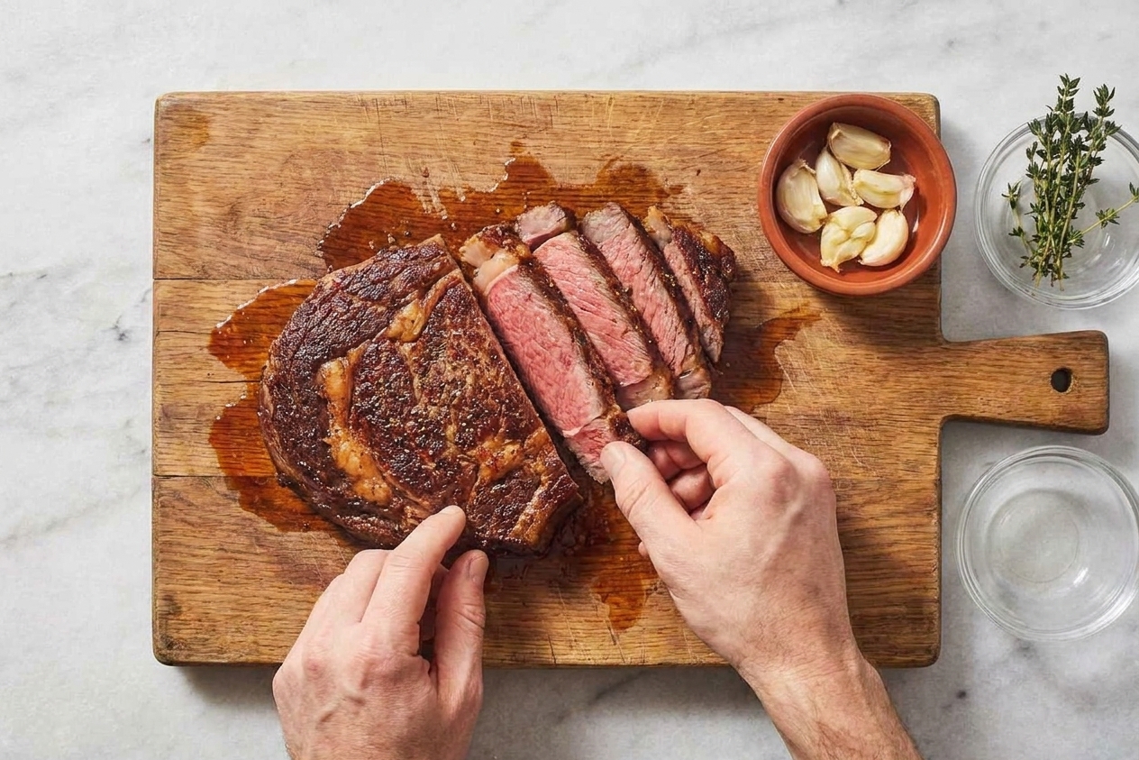 Sliced steak resting on a wooden cutting board with juices pooling slightly, garlic and thyme nearby in warm kitchen light