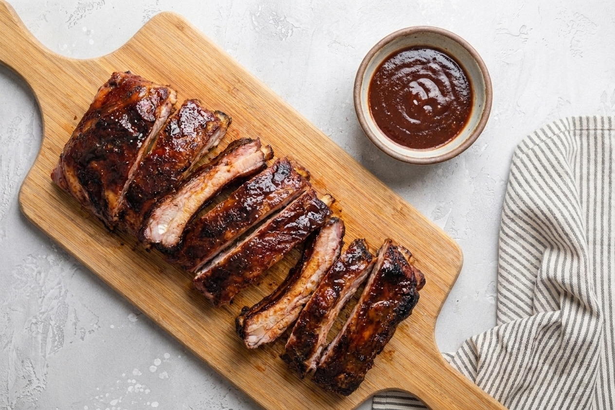 Sliced sticky barbecue ribs on a wooden cutting board with a small bowl of sauce nearby