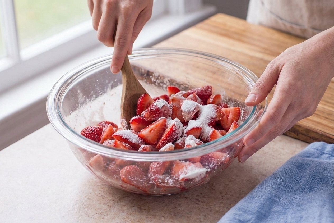 Sliced strawberries being tossed with sugar and cornstarch in a large mixing bowl with a wooden spoon