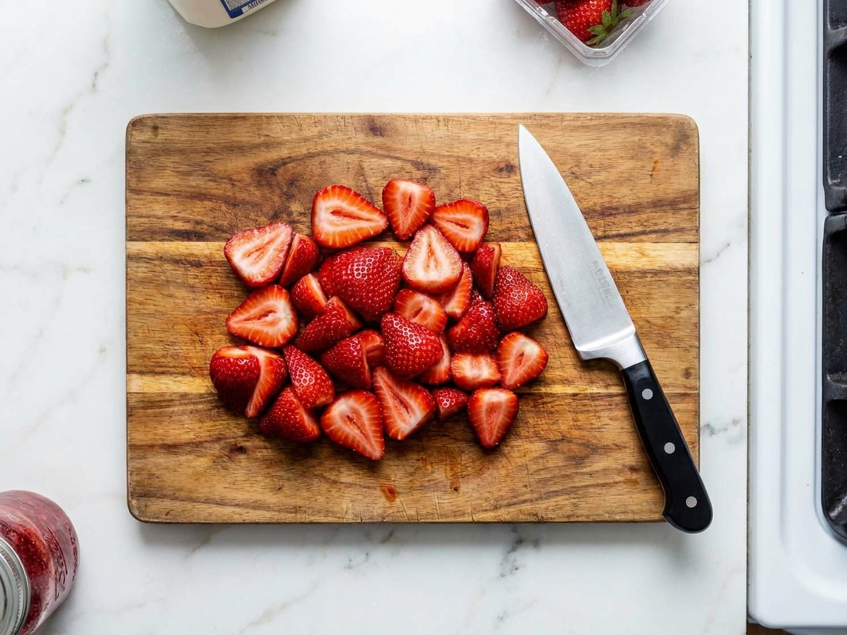 Sliced strawberries piled on a wooden cutting board with a chef's knife beside them on a bright kitchen counter