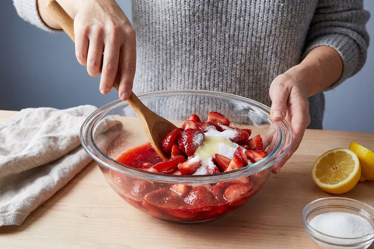 Sliced strawberries tossed with sugar and lemon juice in a glass bowl as they release bright red juices