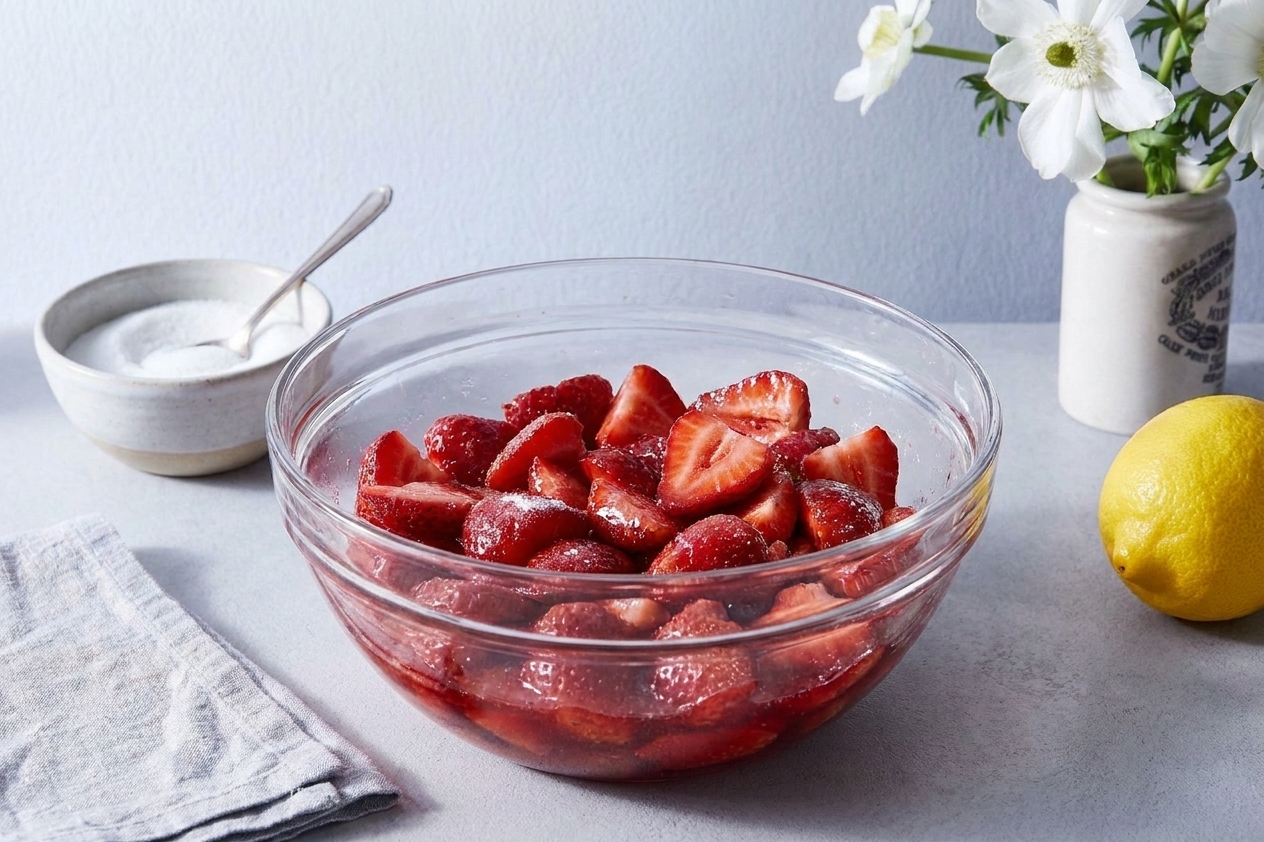 Sliced strawberries tossed with sugar in a glass bowl, releasing bright red juices and turning glossy