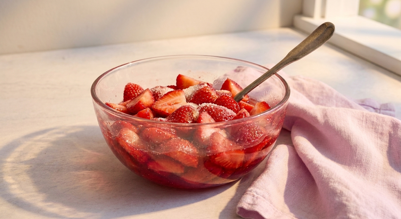 Sliced strawberries tossed with sugar in a glass bowl on a kitchen counter, starting to release bright red juices