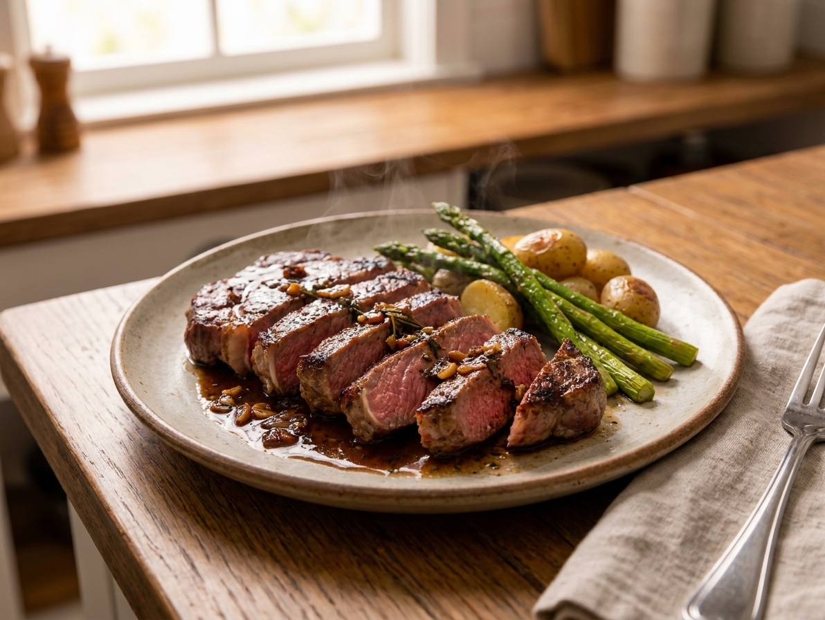 Sliced striploin steak fanned on a dinner plate with a glossy pan sauce and a simple side on a set dining table