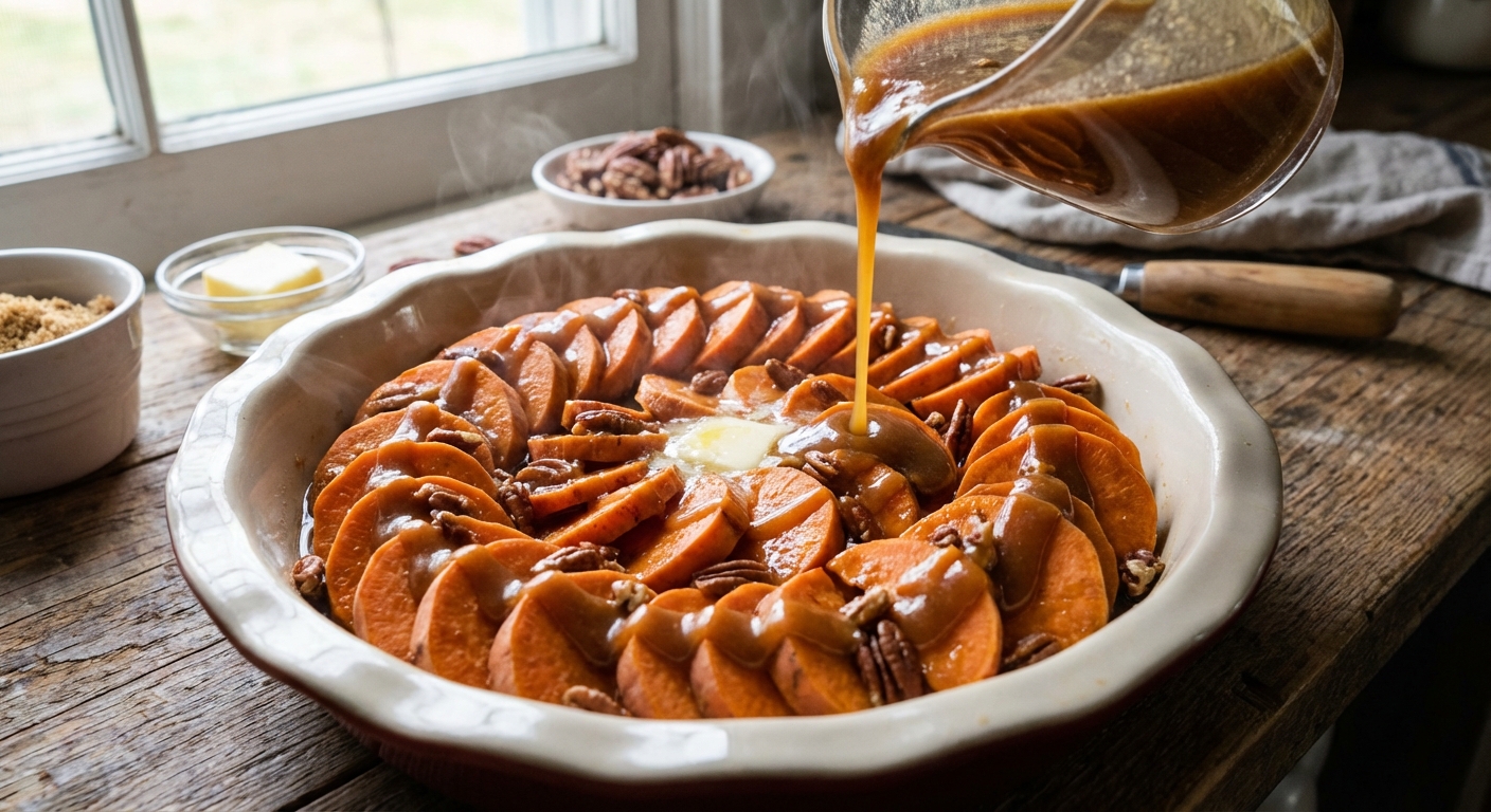 Sliced sweet potatoes arranged in a baking dish with a buttery brown sugar glaze being poured over the top before baking