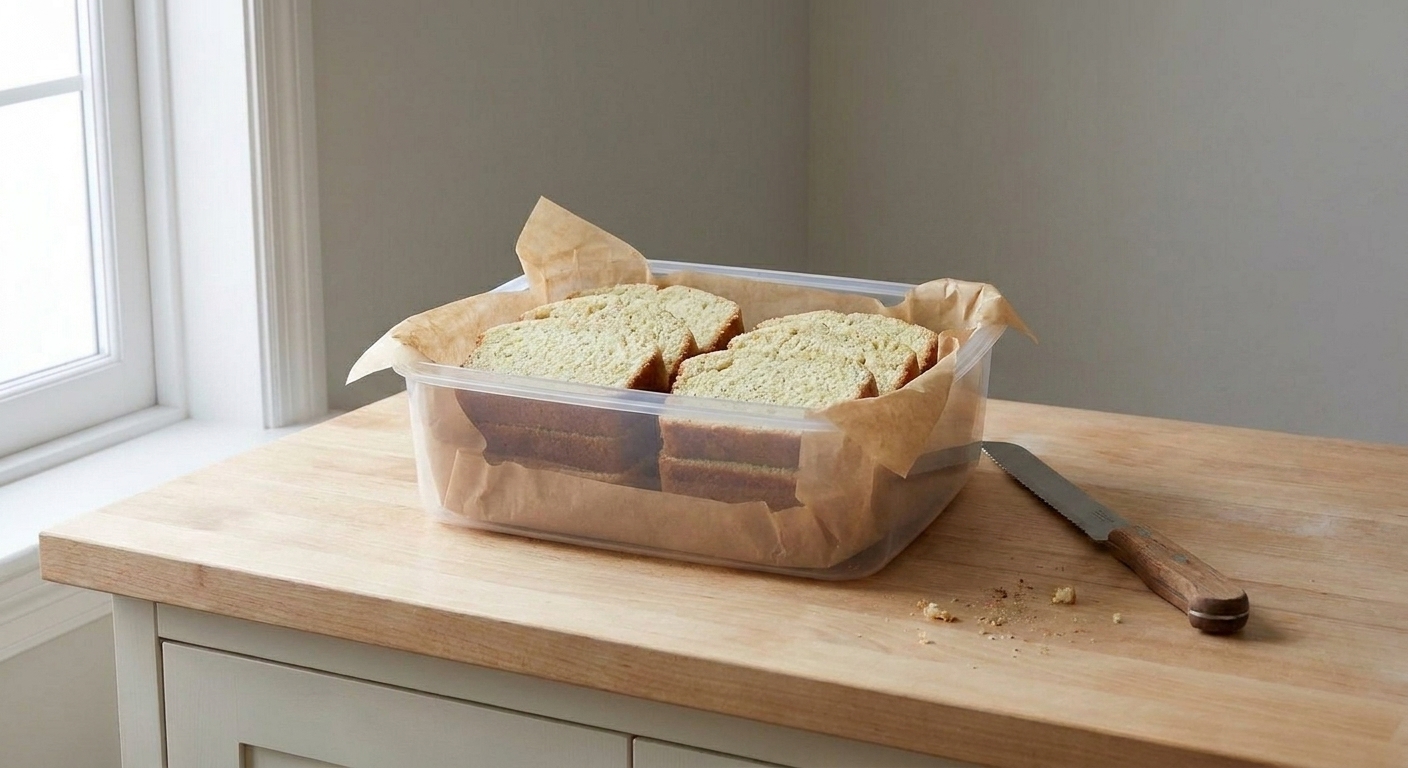 Sliced tea cake stacked in an airtight container lined with parchment on a kitchen counter