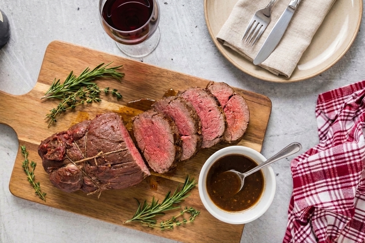 Sliced tenderloin roast fanned on a platter with a small bowl of glossy pan sauce on the side, set on a dining table with simple plates