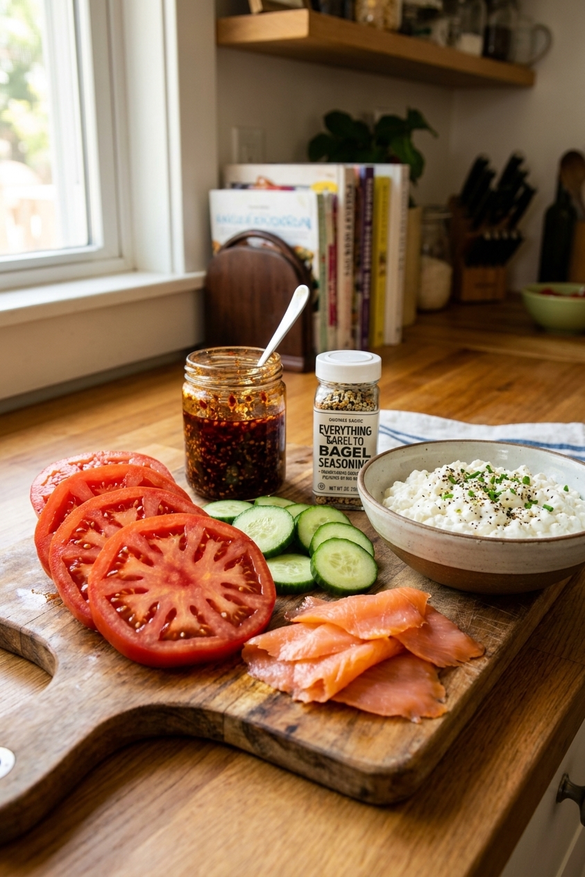 Sliced tomatoes, sliced cucumbers, smoked salmon, chili crisp, and everything bagel seasoning arranged on a wooden cutting board next to a bowl of cottage cheese