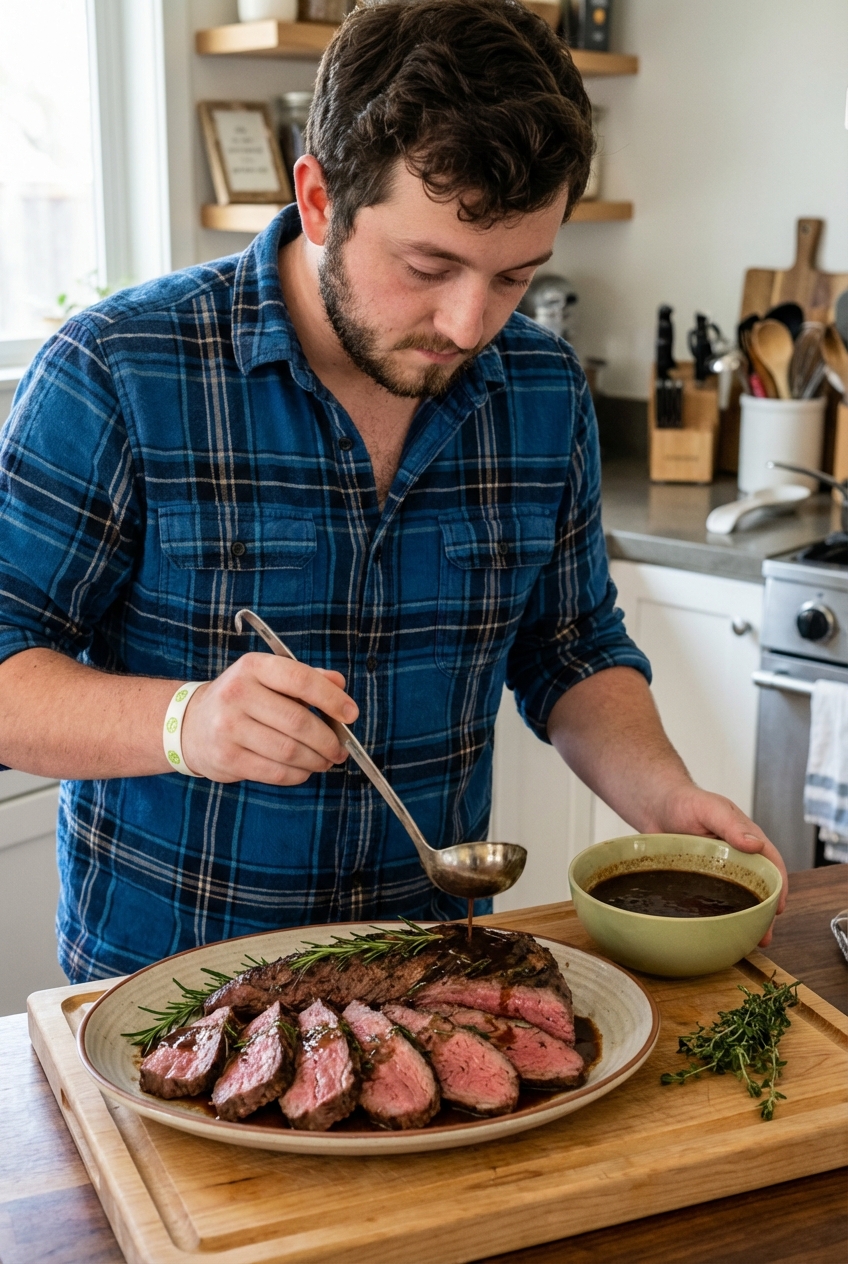 Sliced tri-tip arranged on a platter with pan sauce being spooned over the top