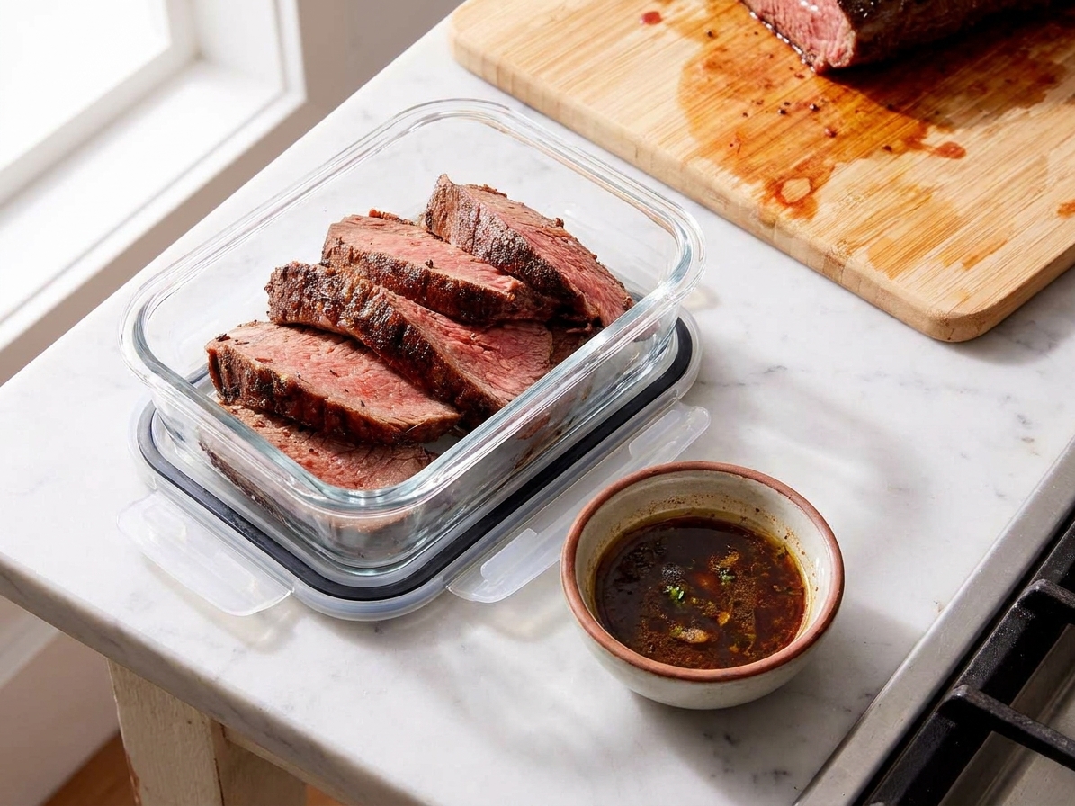 Sliced tri-tip leftover pieces in a glass meal prep container with a small cup of pan juices next to it on a kitchen counter