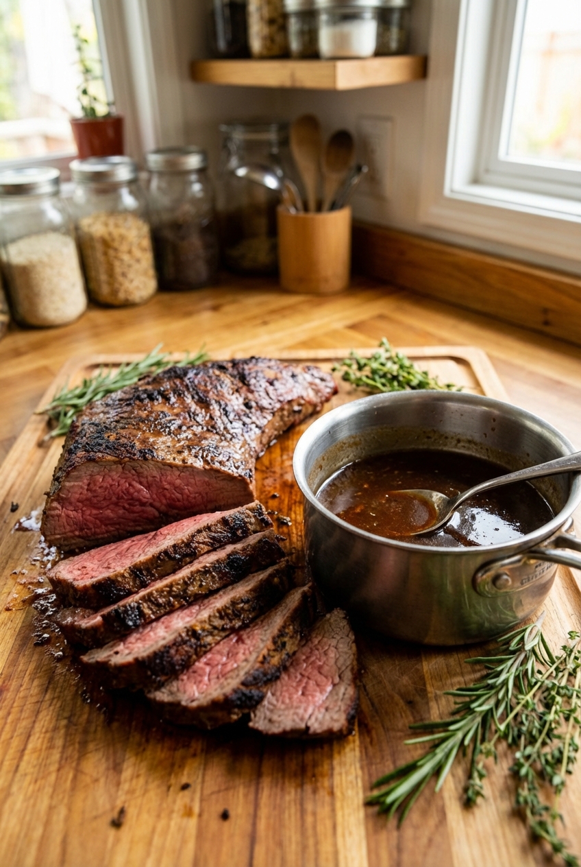 Sliced tri-tip steak with browned crust on a cutting board, with a small saucepan of glossy pan sauce and fresh herbs nearby
