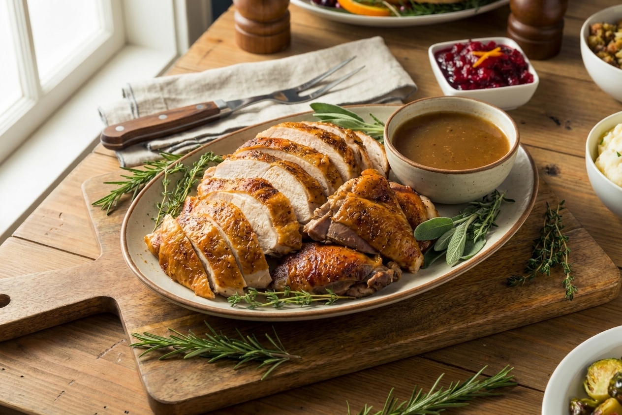 Sliced turkey breast and thigh meat arranged on a serving platter with juices on a cutting board nearby in a cozy kitchen table setting
