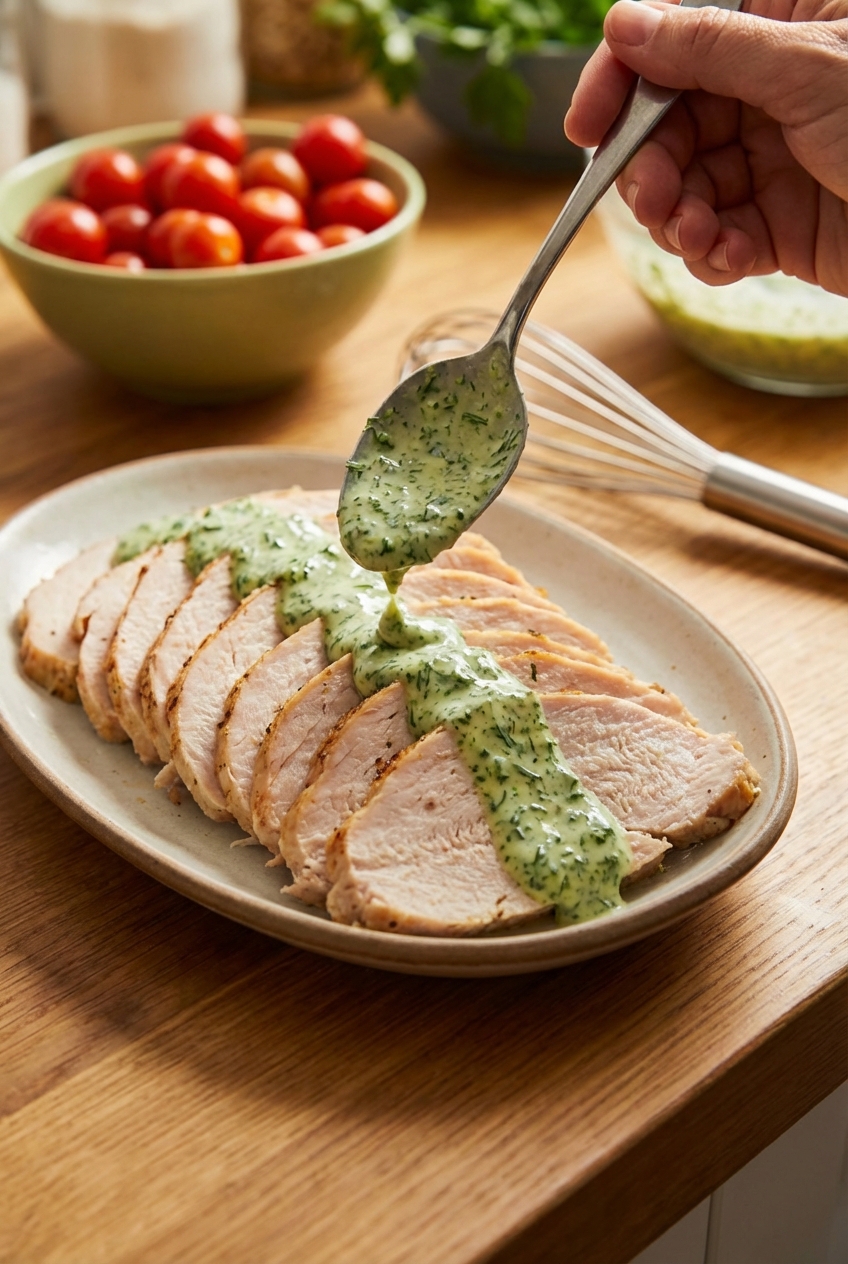 Sliced turkey breast arranged on a platter with a spoon drizzling green herb yogurt sauce over the slices