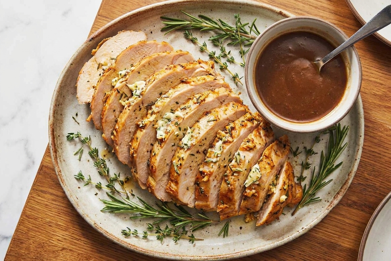 Sliced turkey breast fanned on a platter with fresh herbs and a small bowl of gravy beside it on a dinner table