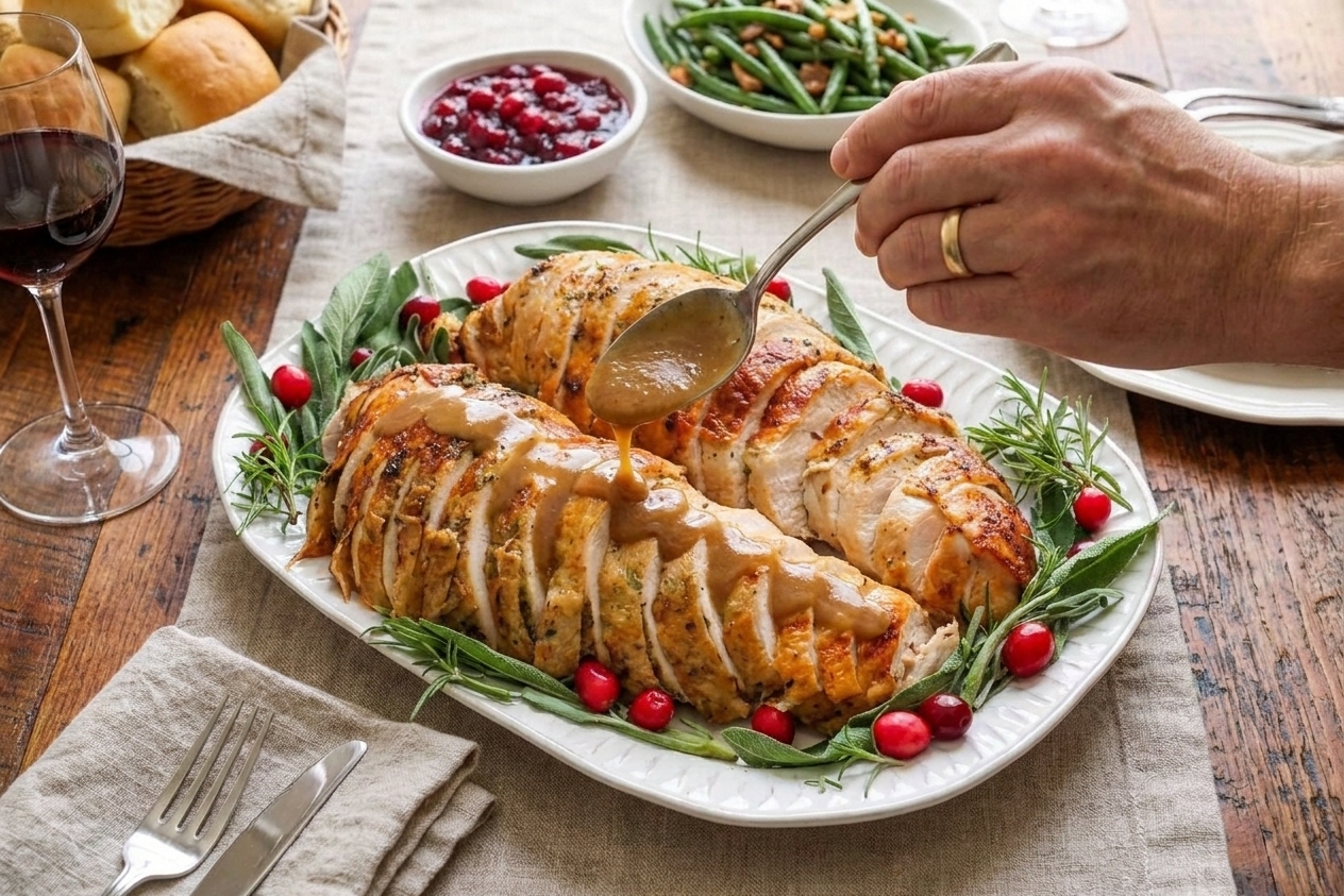 Sliced turkey breast on a serving platter with gravy spooned over the top and herbs scattered around, set on a dinner table