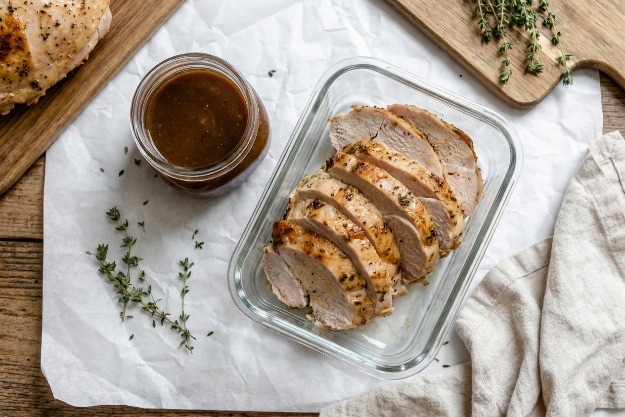 Sliced turkey breast stored in a glass container with a small container of gravy beside it on a kitchen counter