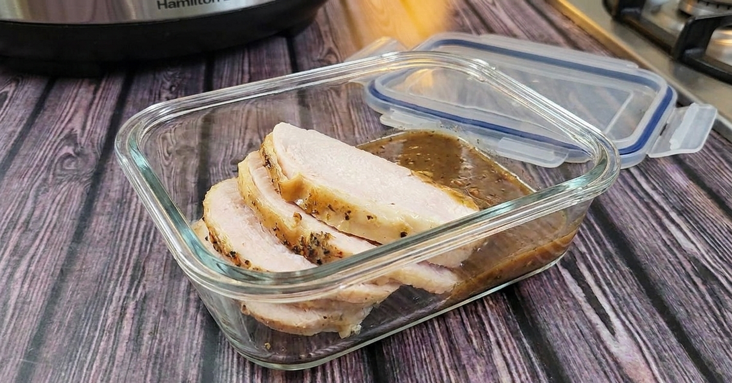 Sliced turkey breast stored in a glass meal prep container with a small portion of gravy on a kitchen counter