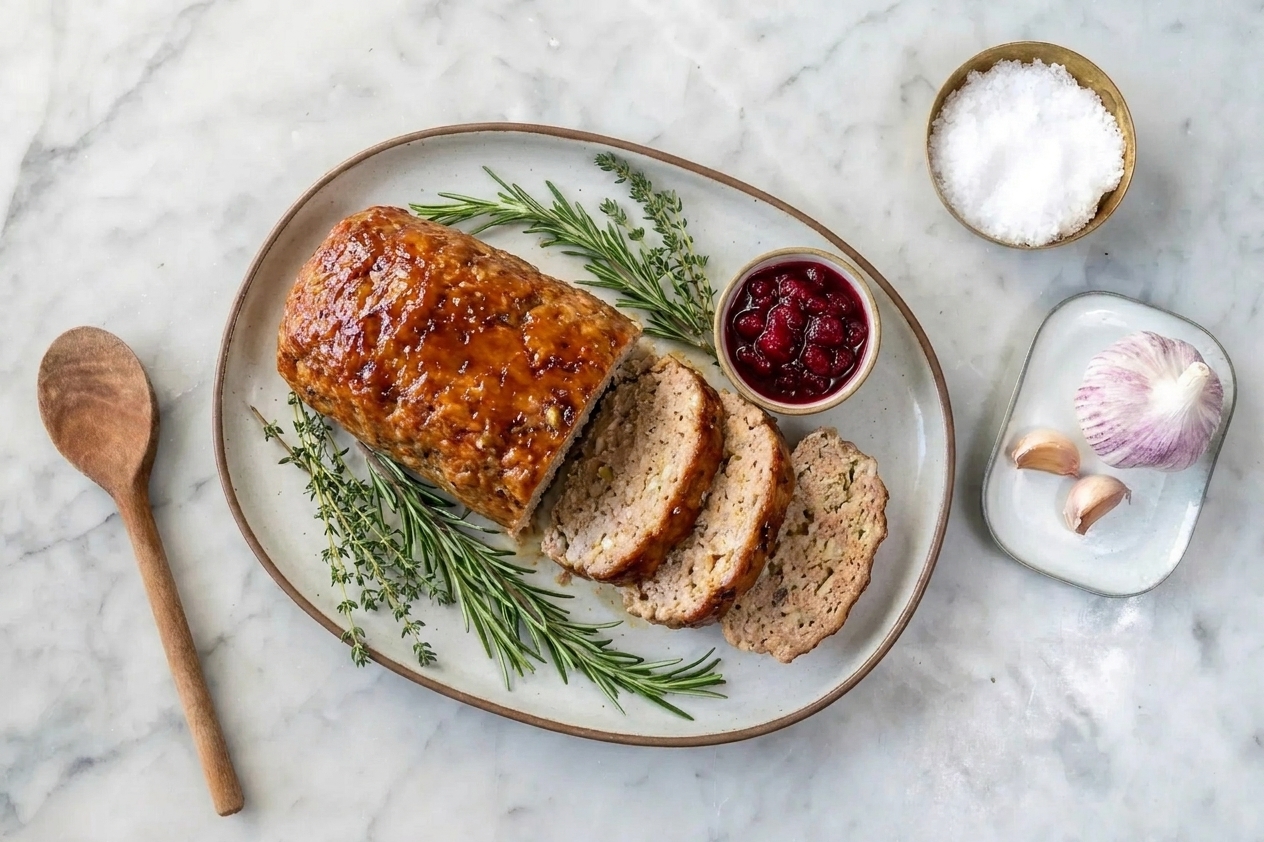 Sliced turkey loaf with a glossy glaze served on a platter