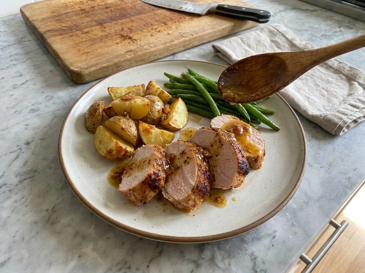 Sliced turkey tenderloin on a dinner plate with roasted potatoes and green beans, with glossy lemon pan sauce on top