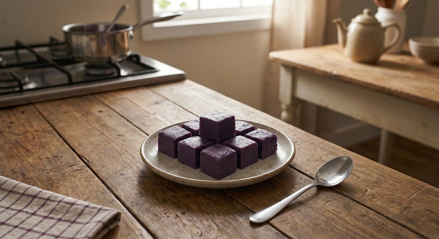 Sliced ube halaya squares on a small ceramic plate on a wooden table with a spoon nearby