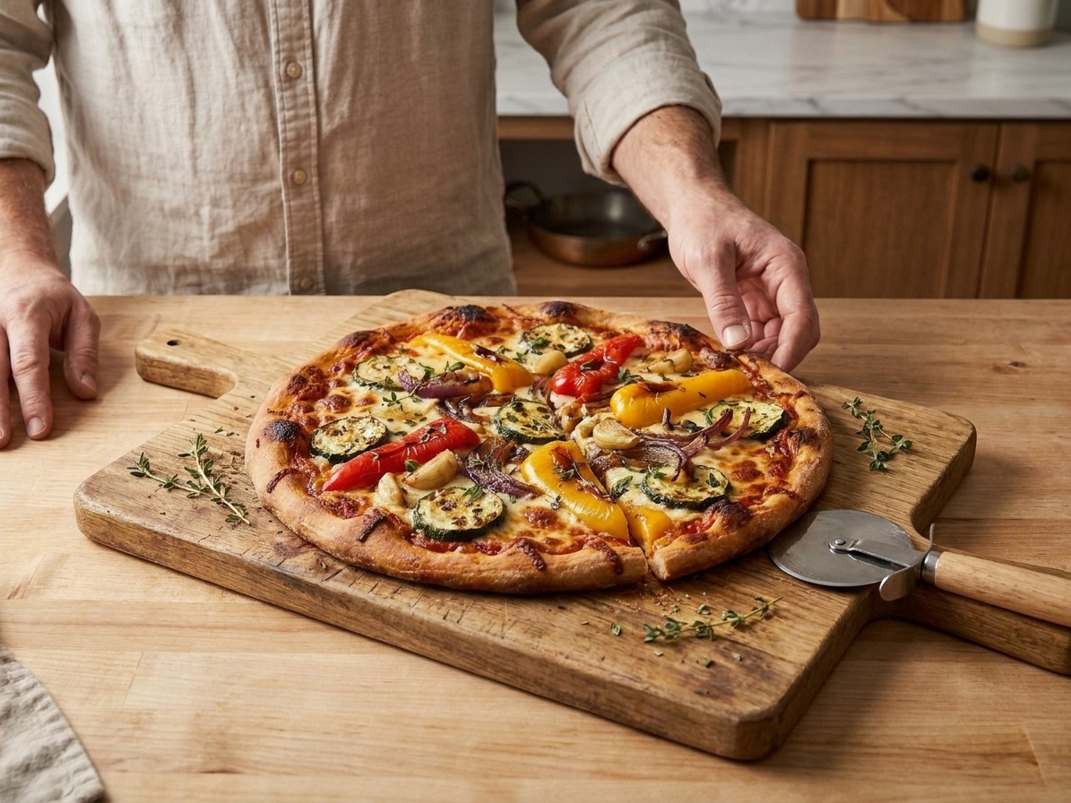 Sliced vegetable pizza on a wooden cutting board with a metal pizza cutter nearby on a kitchen counter