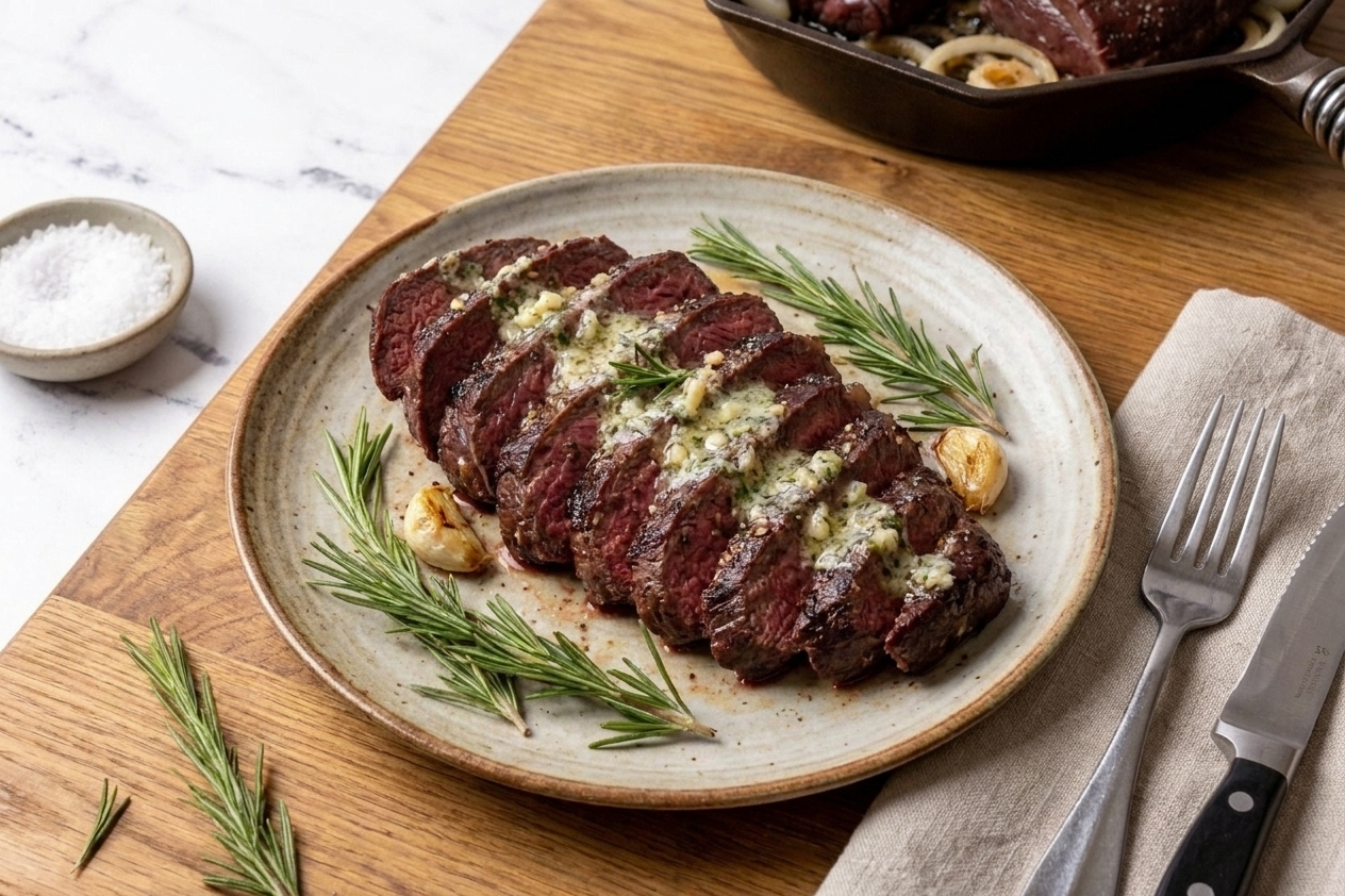 Sliced venison steak fanned on a plate with rosemary and a spoonful of melted garlic herb butter on top on a dining table