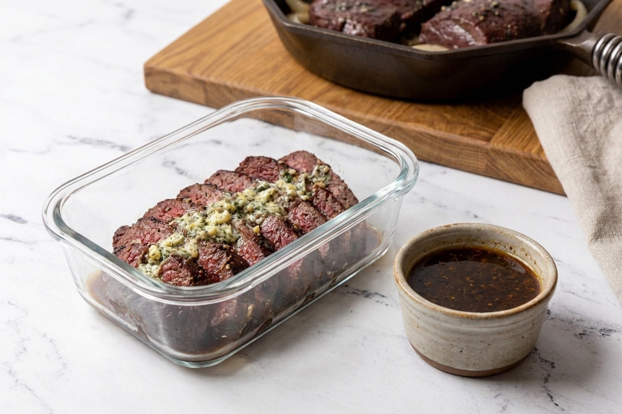 Sliced venison steak stored in a glass airtight container with a small cup of pan juices on a kitchen counter