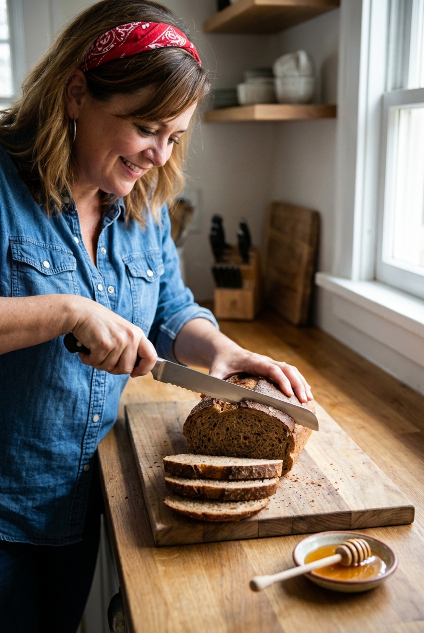 Sliced whole wheat bread on a cutting board with a serrated knife and a dish of honey on the side