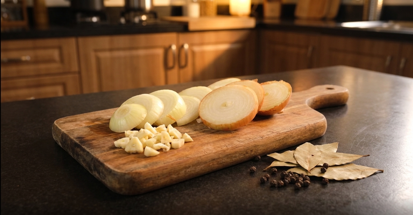 Sliced yellow onion and chopped garlic on a cutting board beside bay leaves and peppercorns on a tidy kitchen counter with warm consistent lighting