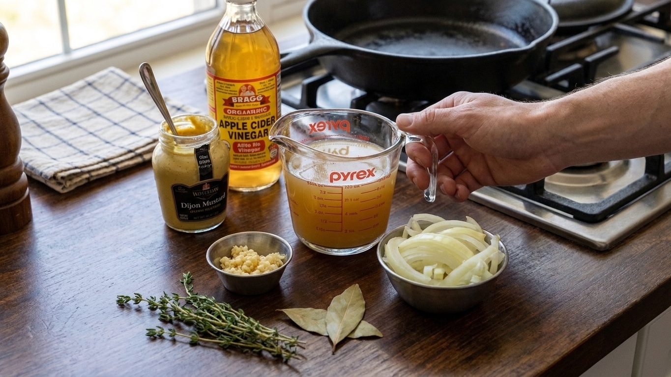 Sliced yellow onion, minced garlic, a measuring cup of chicken broth, Dijon mustard, and apple cider vinegar arranged on a clean kitchen counter ready for cooking