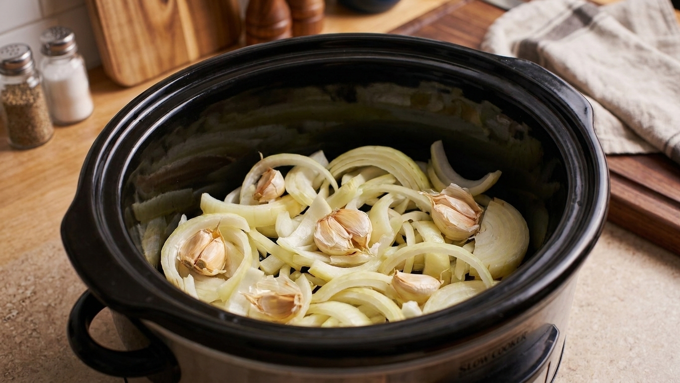 Sliced yellow onions and smashed garlic cloves spread across the bottom of a slow cooker insert on a kitchen counter