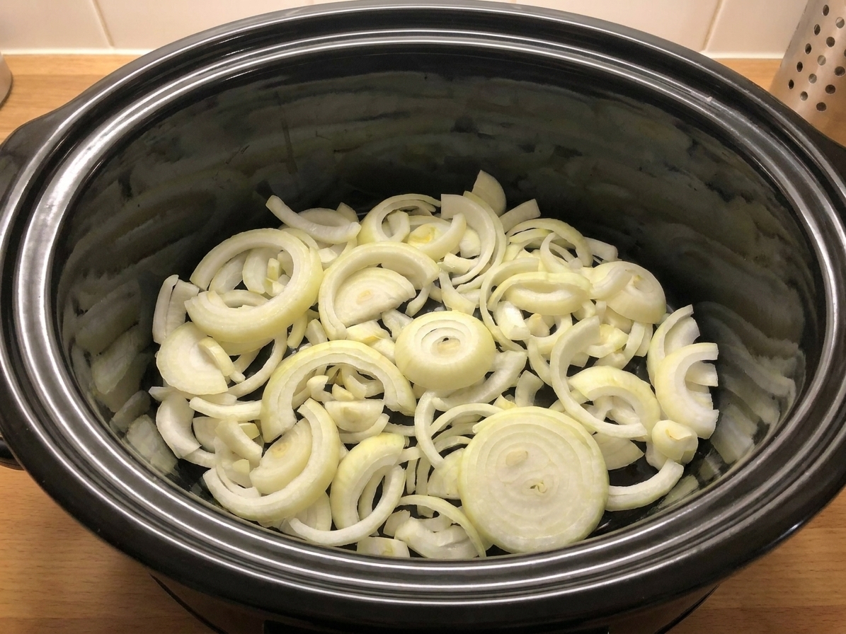 Sliced yellow onions spread in an even layer in the bottom of a slow cooker insert on a kitchen counter