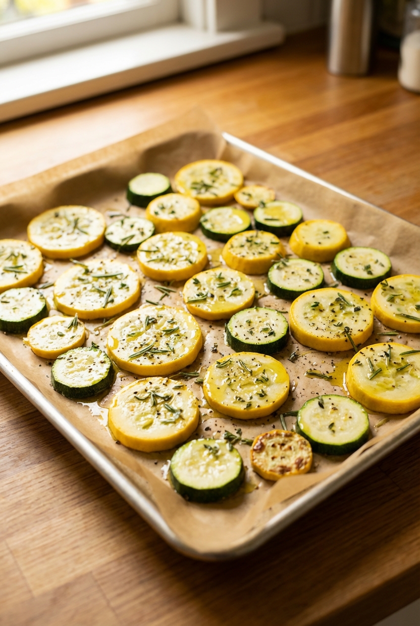 Sliced yellow squash and zucchini roasting on a parchment lined sheet pan with olive oil and herbs