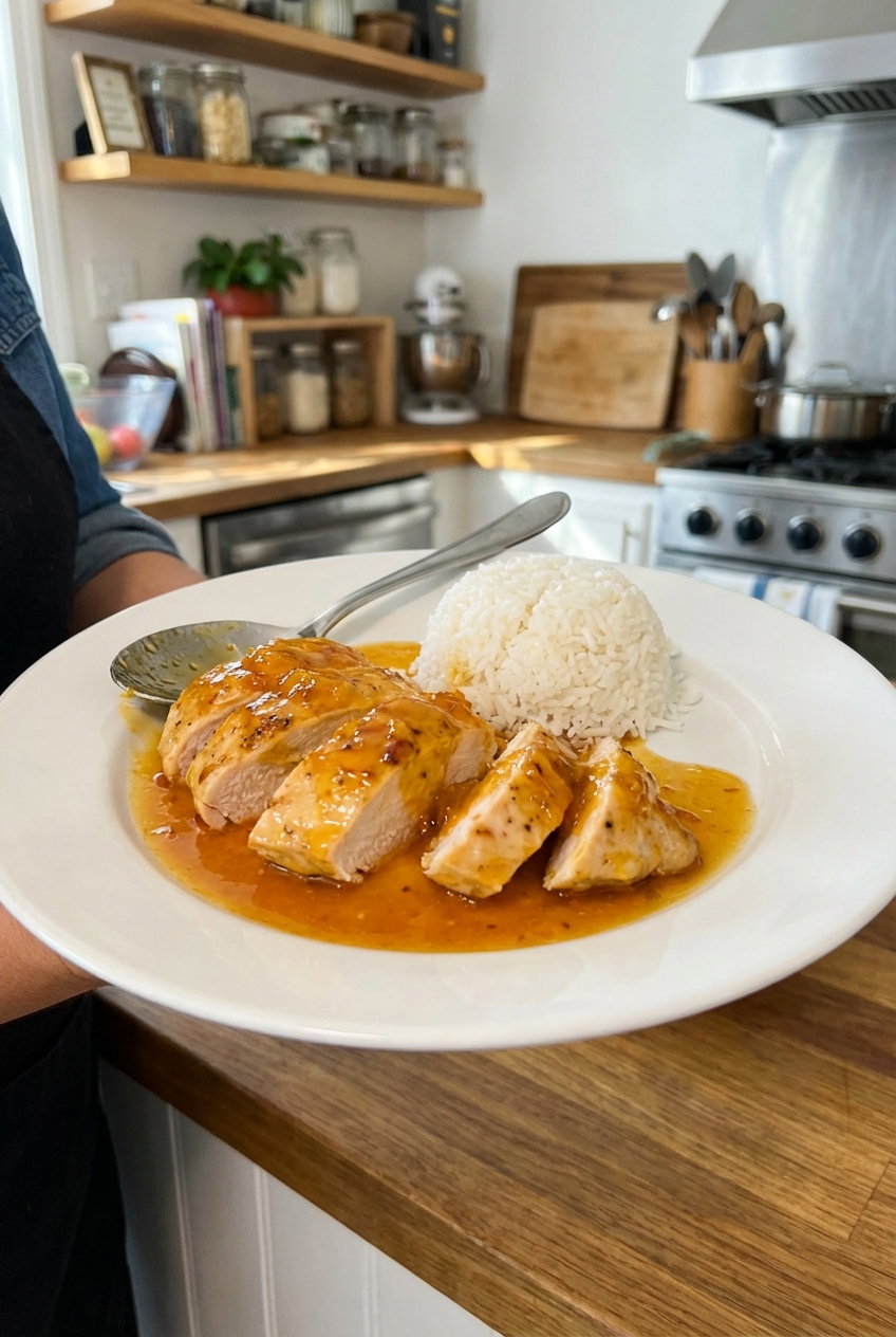 Sliced zesty slow cooker chicken breast on a plate with rice and spooned citrus sauce