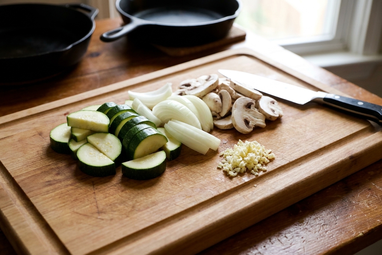 Sliced zucchini half-moons, thick onion strips, and sliced mushrooms arranged on a cutting board next to minced garlic